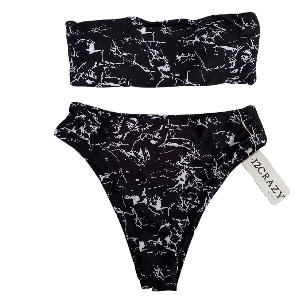 I2CRAZY Black White Marble Bikini Women High Waisted Swimsuit Two Piece NWT - Picture 4 of 6